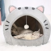Resim İç Mekan Kedileri İçin Büyük Rahat Kedi Mağarası Yatağı - Sevimli Pembe Kulaklı, Yumuşak İç ve Çıkarılabilir Yıkanabilir Yastıklı Peluş Gri Kapüşonlu Kedi Yatağı - Sarılma ve Şekerleme İçin Mükemmel, Kediler İçin Evcil Hayvan Yatakları 
