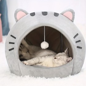 Resim İç Mekan Kedileri İçin Büyük Rahat Kedi Mağarası Yatağı - Sevimli Pembe Kulaklı, Yumuşak İç ve Çıkarılabilir Yıkanabilir Yastıklı Peluş Gri Kapüşonlu Kedi Yatağı - Sarılma ve Şekerleme İçin Mükemmel, Kediler İçin Evcil Hayvan Yatakları 