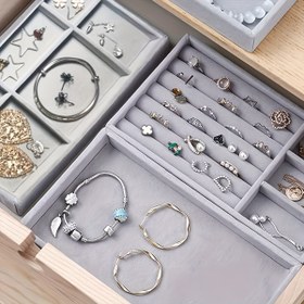 Resim 6 Parça Kumaş Takı Düzenleyici Tepsi Seti - Yüzükler, Küpeler, Kolyeler, Bileziklerin Sergilenmesi ve Saklanması için Yığılabilir Çekmece İçi 