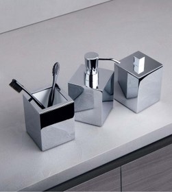 Resim DİZAYNAKS Kare Parlak Krom Sıvı Sabunluk Diş Fırçalık Pamukluk Seti 