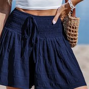 Resim Kadın Yaz Düz Renkli Şirred Bel Plaj Şortları - Hafif Polyester, Bağcıklı Taraflı, Sandal Kontrolü, Günlük Yaz Şortları | Trendy Plaj Şortları | Dokuma Desen 