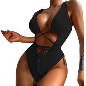 Resim Sones Kadın Tek Parça Mayo Solid Hollow Out Bandaj Mayo Siyah 