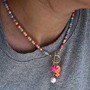 Resim Kadınlar için Retro Renkli Denizyıldızı Kolye, Çok Renkli Boncuklu & Altın OT Toka - Günlük ve Parti Takısı, Yıl Boyu Kullanılabilir Aksesuar, Rahat Tasarım, Yapay Boncuk 