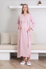 Resim Hamile Gecelik Takımı Sabahlıklı V yakalı Dantel Detaylı 2'li Önü Düğmeli - 2290 - Pudra / M / İstiyorum +300₺ 