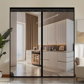Resim Rahat Konfor] Ekstra Büyük Siyah Çizgili Manyetik Sivrisinek Ağı Kapı Perdesi, Yazlık Nefes Alabilen File Ekran Otomatik Kapanma ile, Sadece Elde Yıkama, Polyester, Yatak Odası, Balkon, Mutfak için Modern Tarz - Ev Dekoru Böcek Koruma, Balkon Aksesuarı | Dekoratif Kapı Ekranı | Hafif Perde 