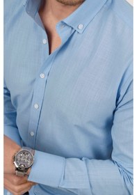 Resim Mavi Yaka Düğmeli Keten Slimfit Kutulu Gömlek Mavi 