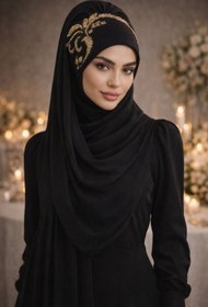 Resim Aişe tesettür Siyah Gold Motif Simli Abiye Şal 