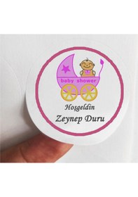 Resim 48 Adet 4 Cm Kişiye Özel Pembe Pusetli Hoşgeldin Bebek Baskılı Mat Etiket Sticker -1 