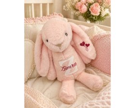 Resim Kişiye Özel Isimli Uyku Arkadaşı Peluş Tavşan ve Kese Bebek Hediyesi 