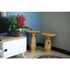 Resim 2'li Oval Çizgili Vernikli Yan Sehpa Naturel 