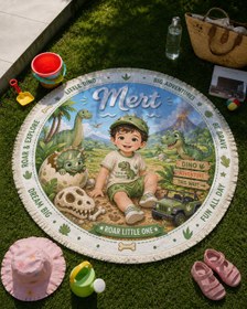Resim Evmila Karikatüristik Dinozor Temalı Yuvarlak Plaj Havlusu - 150x150 cm 