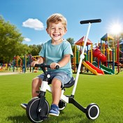 Resim Çocuklar için uygun olan hem erkekler hem de kızlar için uygun olan, seyahat, kamp yapma ve çocuklar için doğum günü hediyesi olarak kullanılabilen, üç tekerlekli bir araba ile ayrılabilir bir iticiye sahip bir araba. 
