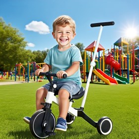 Resim Çocuklar için uygun olan hem erkekler hem de kızlar için uygun olan, seyahat, kamp yapma ve çocuklar için doğum günü hediyesi olarak kullanılabilen, üç tekerlekli bir araba ile ayrılabilir bir iticiye sahip bir araba. 