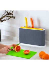 Resim Porsima 1076 3 Bıçaklı Standlı Çoklu Kesme Tahtası Antrasit - Beyaz 