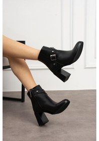 Resim Shoetek Herra Kadın Bot Fermuarlı Tokalı Siyah Deri Sıyah Cılt 