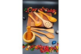 Resim El Işçiliği 8'li Doğal Ahşap Mutfak Seti, Servis ve Pişirme Araçları 