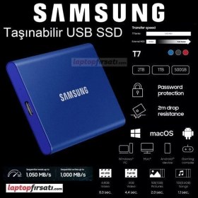 Resim Samsung T7 1tb MU-PC1T0H/WW 1050MB-1000MB/SN USB 3.2 Gen2 Harici SSD Mavi 3 Yıl Samsung Turkıye Garantili 