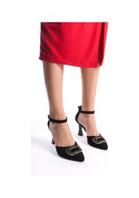 Resim Kadın Tari Siyah Süet Bilekten Bağlamalı Kare Tokalı Yanı Acık Kadeh Topuklu Ayakkabı-siyah Süet 