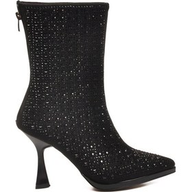 Resim Siyah Taş İşlemeli İnce Topuklu İçi Kürklü Kadın Çizme 671131 Z Siyah 