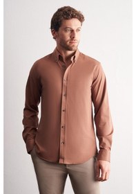 Resim İmza Vizon Düğmeli Yaka Örme Uzun Kol Performans Ürün Slim Fit Esnek Gömlek 1004255270 Vizon 
