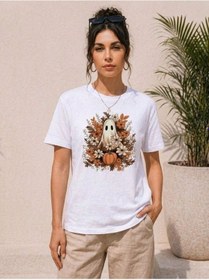 Resim Kadın Balkabağı Hayalet Baskılı Tişört Kısa Kol Yazlık T-shirt - Beyaz 