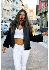 Resim Keyifli Moda Kadın Siyah Dik Yaka Kolları Triko Cepleri Fermuarlı Şişme Mont - 38 Siyah 