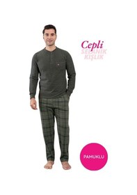 Resim Guava Erkek 3 Düğme Göğüs Cepli Kışlık Pamuklu Selanik Kumaş Uzun Manşetli Kol Cepli Pijama Takımı Haki 