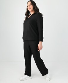 Resim Kadın Büyük Beden Keten Kumaş Polo Yaka İkili Takım 8071-24 - XL / Bej 