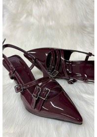 Resim Günlük Kadın Rugan Arkası Açık Tokalı Ayarlanabilir Kemerli Sivri Burunlı İnce Topuklu Ayakkabı 44 Bordo 