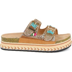 Resim Guja 25Y103 Kadın Mantar Platform Taban Taşlı Çift Toklaı Comfort Terlik Camel 