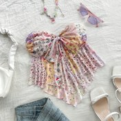 Resim Kadınlar için Şık Asimetrik Etekli Askısız Üst, Çiçek Baskılı ve Bağ Detaylı - Hafif Esnek Polyester-Spandeks Karışımı, Makinede Yıkanabilir, Her Mevsim Günlükten Şikaya Kıyafet 