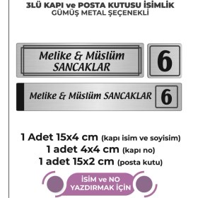 Resim Meyart Gümüş Metal Kapı İsimliği Seti 3'lü - Kapı İsimliği, Kapı Numarası, Posta Kutusu İsimliği 