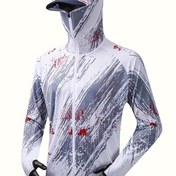 Resim Erkekler için Performans Balıkçılık Ceketi - Hızlı Kuruyan, Nefes Alabilen Polyester, Mavi ve Beyaz Geometrik Desenli, Fermuarlı Cepli Kapüşonlu Dış Mekan Ekipmanı 
