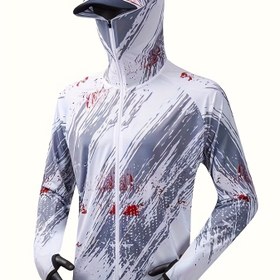Resim Erkekler için Performans Balıkçılık Ceketi - Hızlı Kuruyan, Nefes Alabilen Polyester, Mavi ve Beyaz Geometrik Desenli, Fermuarlı Cepli Kapüşonlu Dış Mekan Ekipmanı 