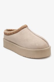 Resim Luvishoes Luvi Shoes Avelıa Bej Süet Hakiki Deri Dikişli Kadın Kalın Tabanlı Kışlık Terlik Bej 