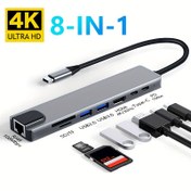Resim 8'li USB-C Hub, 4K HDTV Adaptörü USB-C ile, PD 100W Şarj, RJ45 Ethernet, SD/TF Kart Okuyucu, USB 2.0/3.0 Bağlantıları, Type-C'den HDTV Bağlantısı Dizüstü Bilgisayarlar İçin 