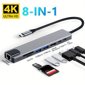 Resim 8'li USB-C Hub, 4K HDTV Adaptörü USB-C ile, PD 100W Şarj, RJ45 Ethernet, SD/TF Kart Okuyucu, USB 2.0/3.0 Bağlantıları, Type-C'den HDTV Bağlantısı Dizüstü Bilgisayarlar İçin 