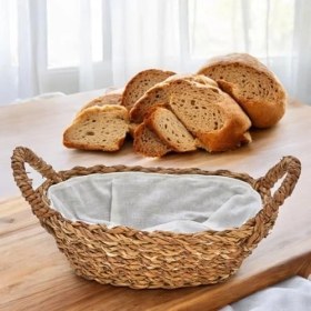 Resim Aesco El Yapımı Doğal Hasır Kulplu Çok Amaçlı Dekoratif Oval Sepet, Hasır Kulplu Ekmek Sepeti (27X18X8 Cm) 