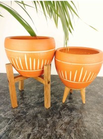 Resim Bitki Tasarımı Ev Dekorasyon Dik Çizgi Desenli Terrakota Toprak Saksı İkili Set 3 Ayaklı- 4 Ayaklı-15 Cm 