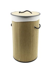 Resim Yuvarlak Hasır - Ahşap Kirli Çamaşır Sepeti 37x60cm Seyyar Kapakl Çok Renkli 