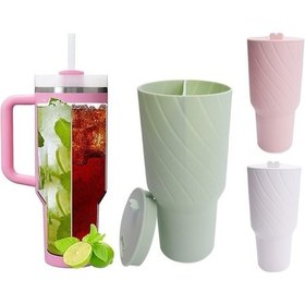 Resim Dancemonkey Stanley Cup İçin 2 Bölmeli Silikon Bardak, 40oz Bej Bej 