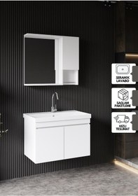 Resim Karen Banyo Deniz Banyo Dolabı Seti, 80 Cm Beyaz, Lavabo Dahil, Lavabolu Beyaz 