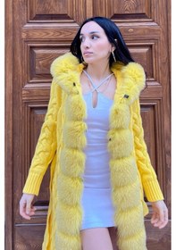 Resim Lava Design Kürklü Triko Hırka & Uzun Triko Hırka & Kadın Triko Hırka Örgülü Sarı 