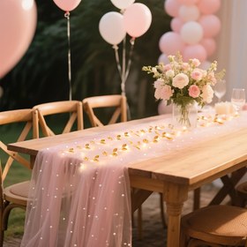 Resim Altın Yaprak ve Çiçek Tasarımı ile Zarif İnci Tüll Masa Koşusu - Düğün, Sevgililer Günü ve Parti Süslemeleri için Mükemmel, 100g/ Polyester, Makine Yapımı, Hawaii Temalı, Düğün Süslemesi 