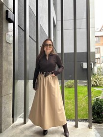 Resim Premium kemerli poplin etek - Kahverengi / Medium 