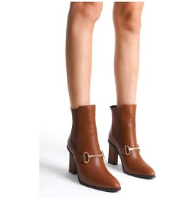 Resim Mubiano Hakiki Deri Collection Kadın Metal Tokalı Lastik Detaylı Topuklu Kısa Bot Taba - Mcalm2262 - Tb Taba 