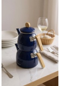 Resim Sultan - Bambu Kulplu Emaye Çaydanlık Takımı Lacivert 