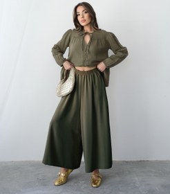 Resim Beli Lastikli Geniş Kesim Kloş Double Krep Pantolon Etek 5187 - Haki - Haki / L-XL 