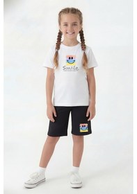 Resim Panios Kids Yuvarlak Yaka Tişörtlü Kaprili Baskı Detaylı Kız Çocuk Alt Üst Takım Beyaz 