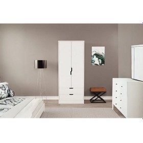 Resim Moderno Mini 2 Kapaklı 2 Çekmeceli Gardırop Kompakt Tasarım, Modern Görünüm Beyaz 